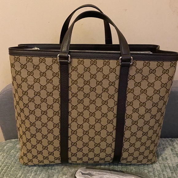 Gucci Large Handbag with strap Dark brown beige canvas tote New - Picture 7 of 11